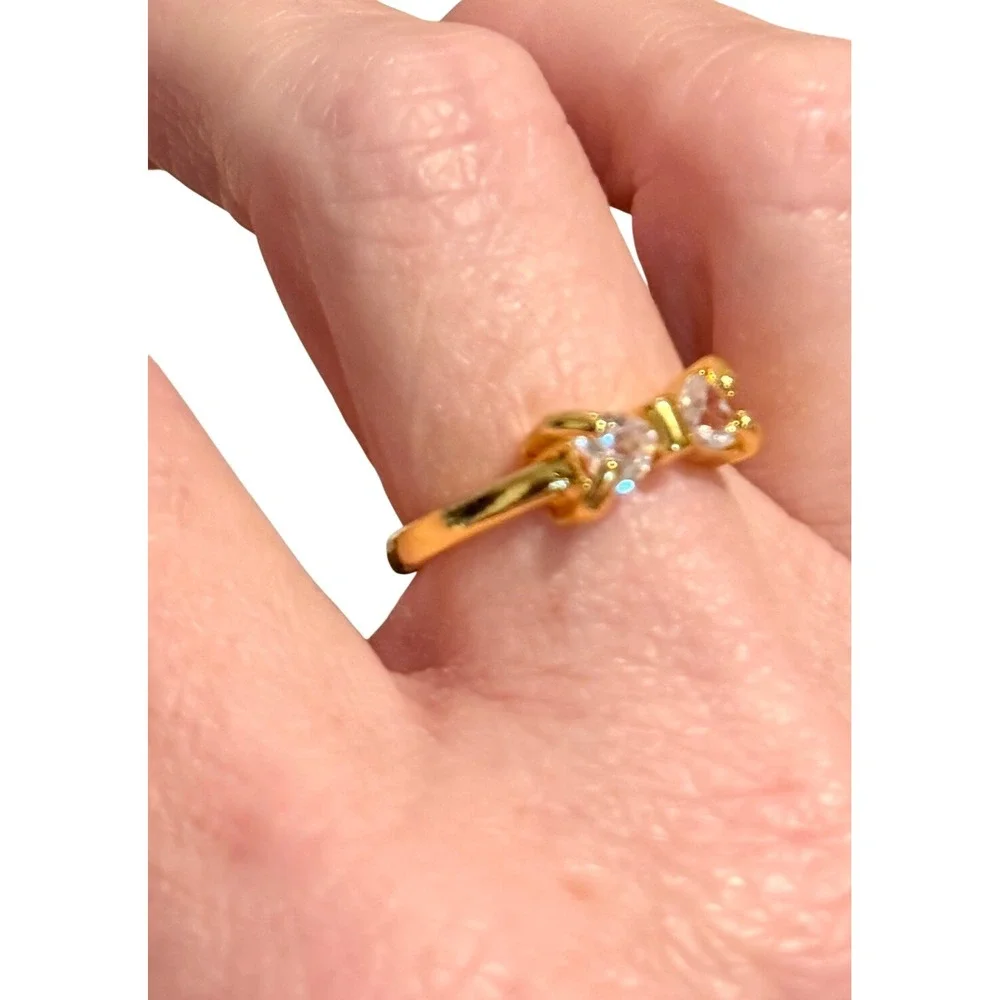 14k Gold over silver Tone Bow Ring Clear Cubic Zirconia Pave Dainty Women SZ  6